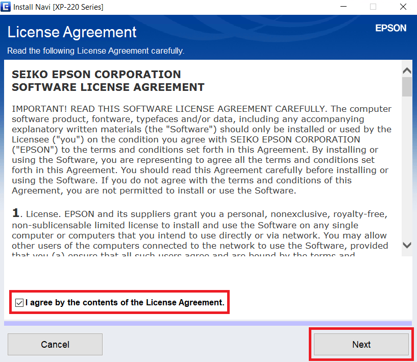 Accept the agreement of Epson XP-220