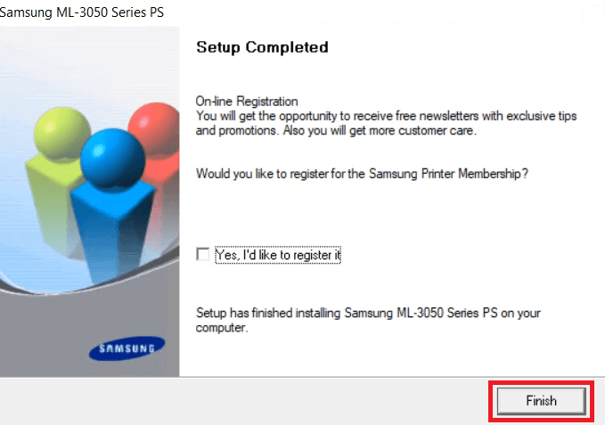 Samsung ML-3051ND Printer installed successfully, click on finish