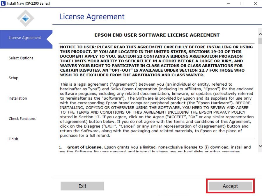 Accept License Agreement of Epson XP-2200 driver file