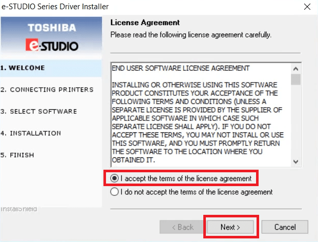 accept the Toshiba e-studio 2300 software license agreement