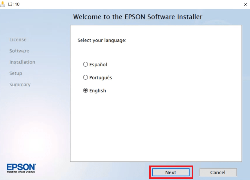 Select the language of L3118 setup