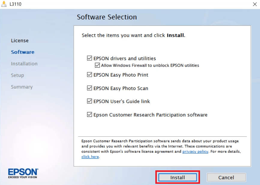 Select the L3118 software which you would like to install or skip