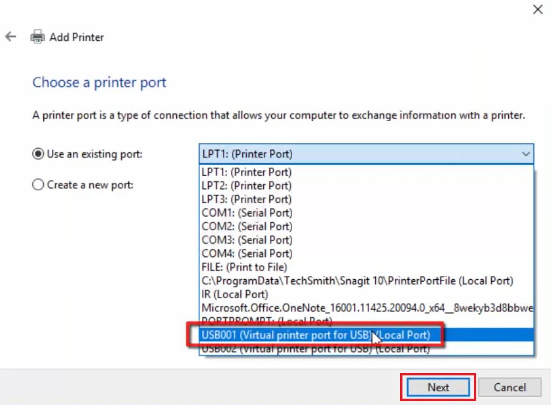 select the usb port