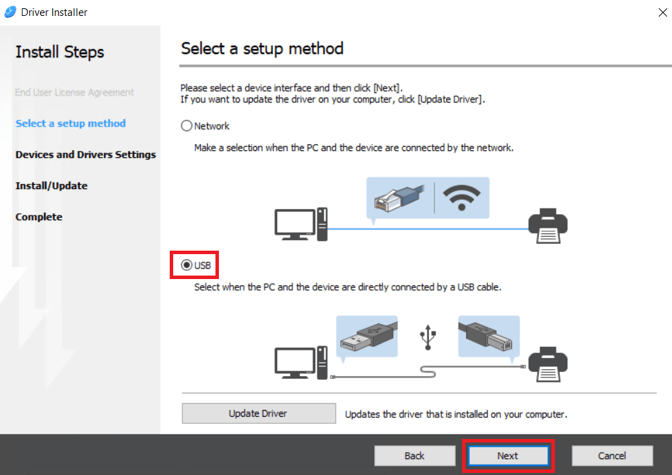 select USB port connection method