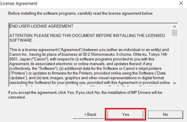 click yes to accept agreement