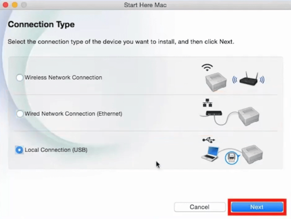 select USB connection type for printer