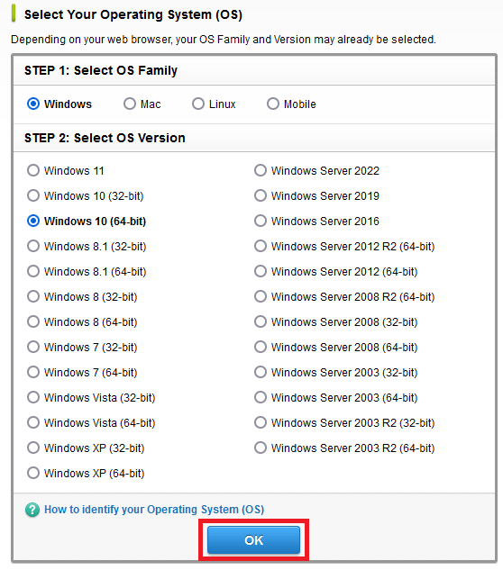 select your OS version