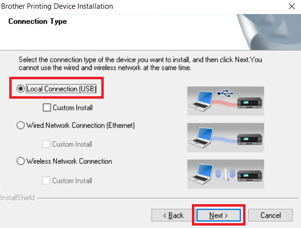 select local USB connection option