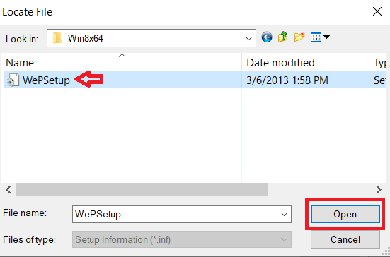 select WePSetup INF file then open