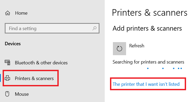 select the printer is not listed option