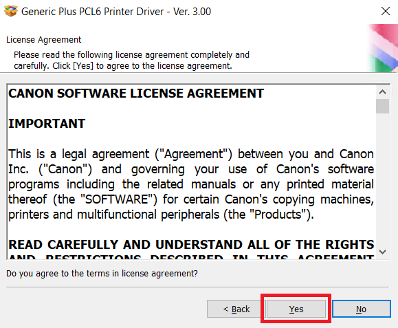 click yes to accept the agreement