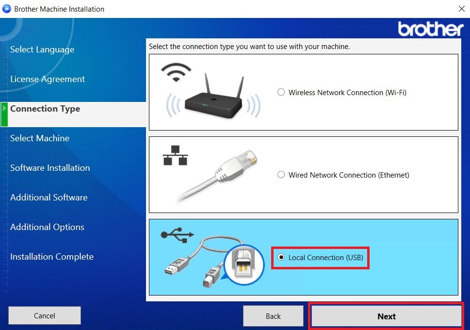 choose local connection USB option