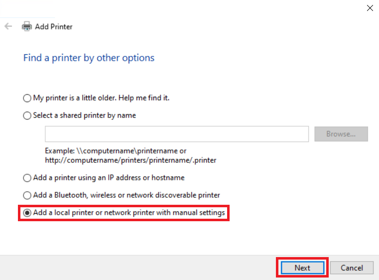 select add local printer option