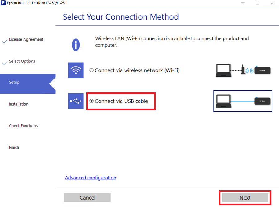 choose connect via USB cable option