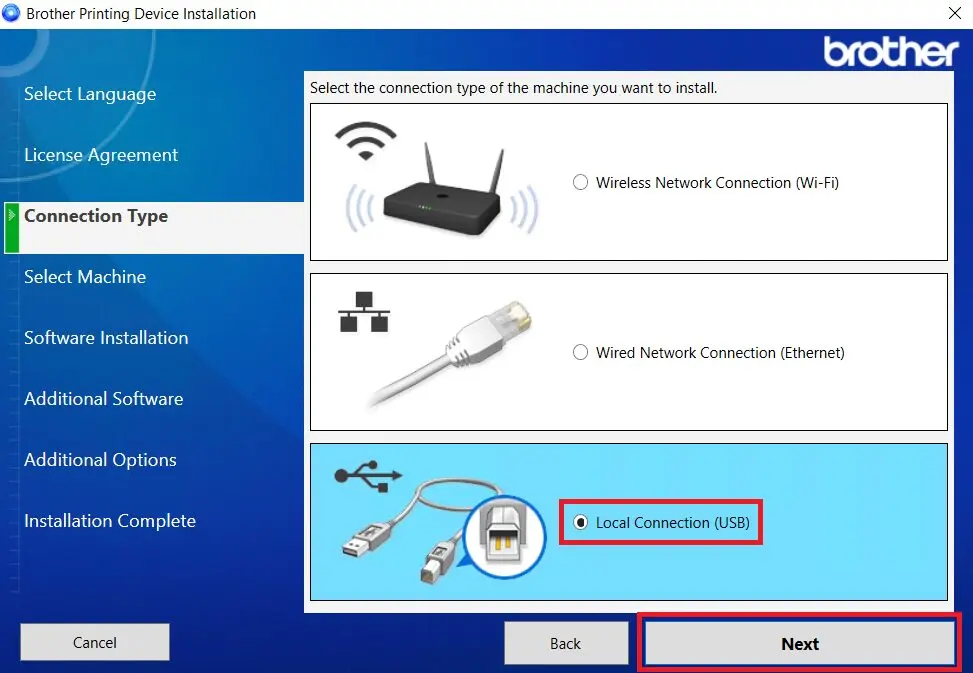 select local USB connection