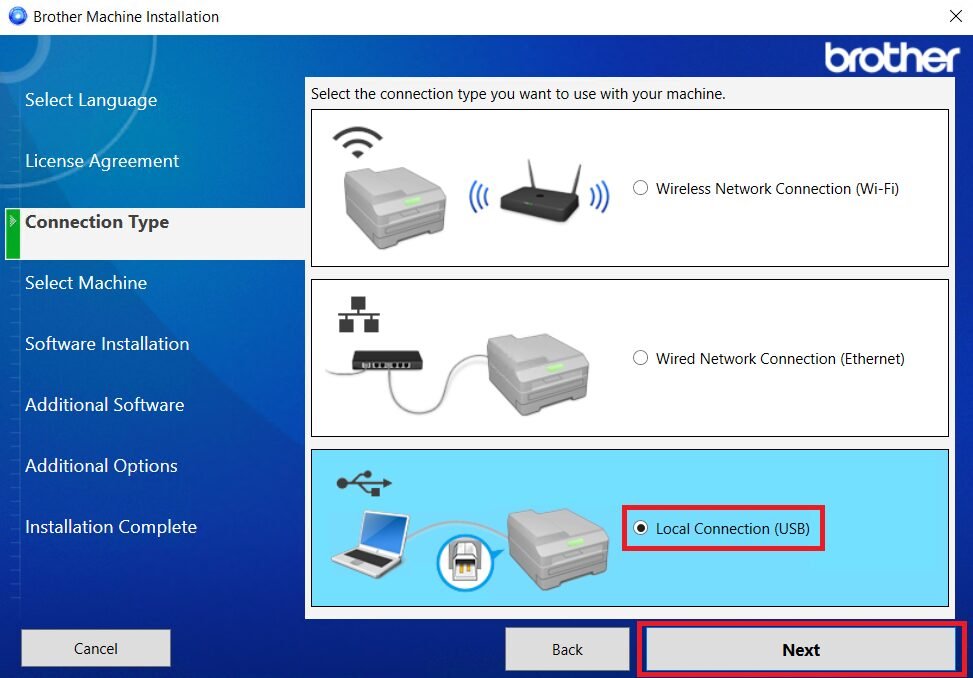 select local connection USB