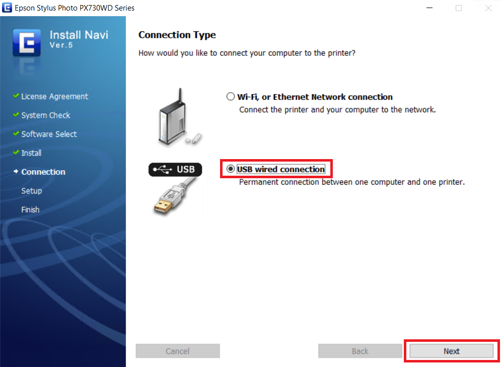 select USB wired connection option