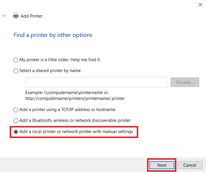 select add a local printer manually