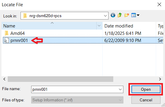 select the inf file then open