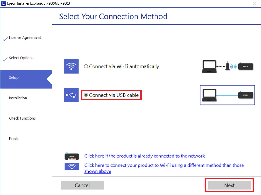 select the USB cable option